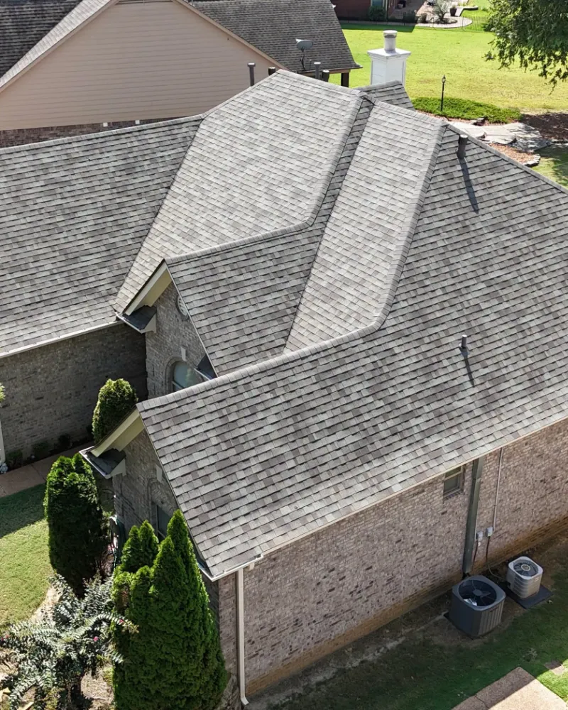 Side view looking down at new roof shingles in Oakland, TN.
