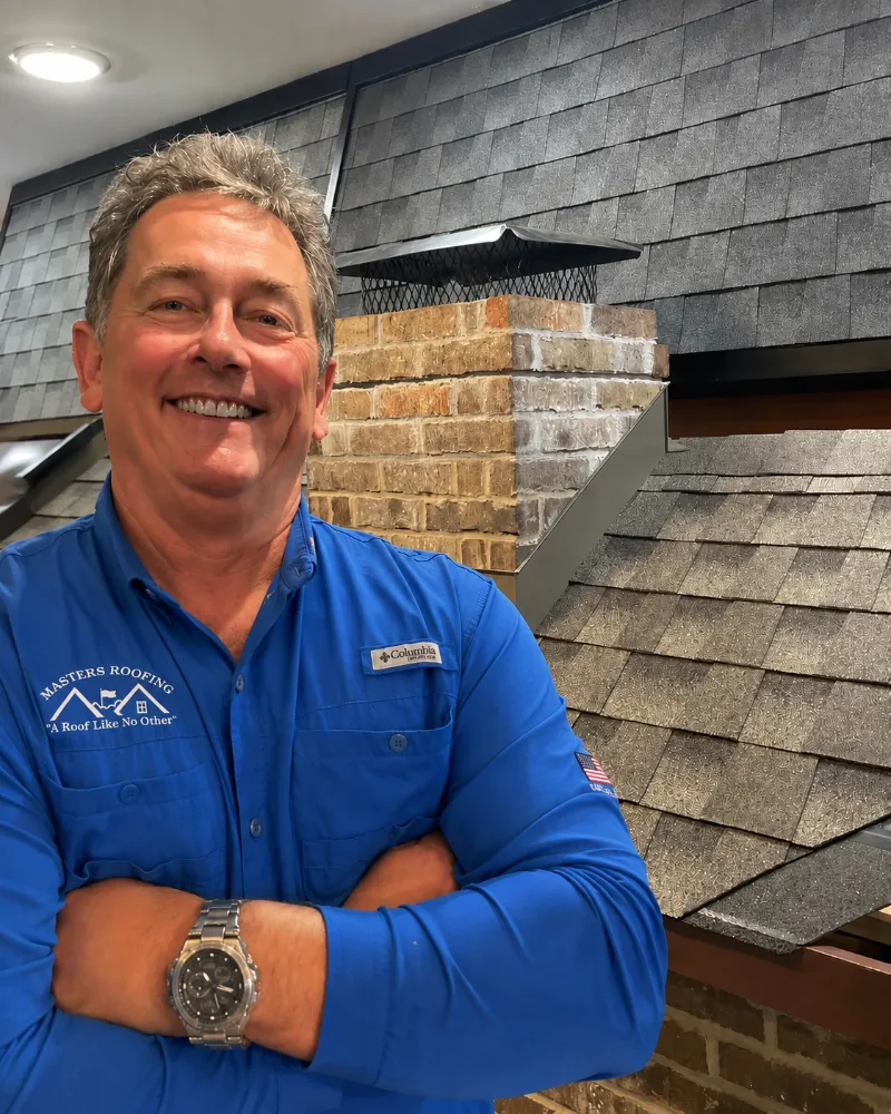 Dillon Scruggs in the Masters Roofing showroom.