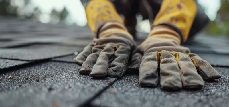 Workers hands inspecting roof.