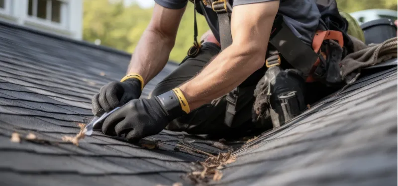 Worker removing old shingles for replacement.