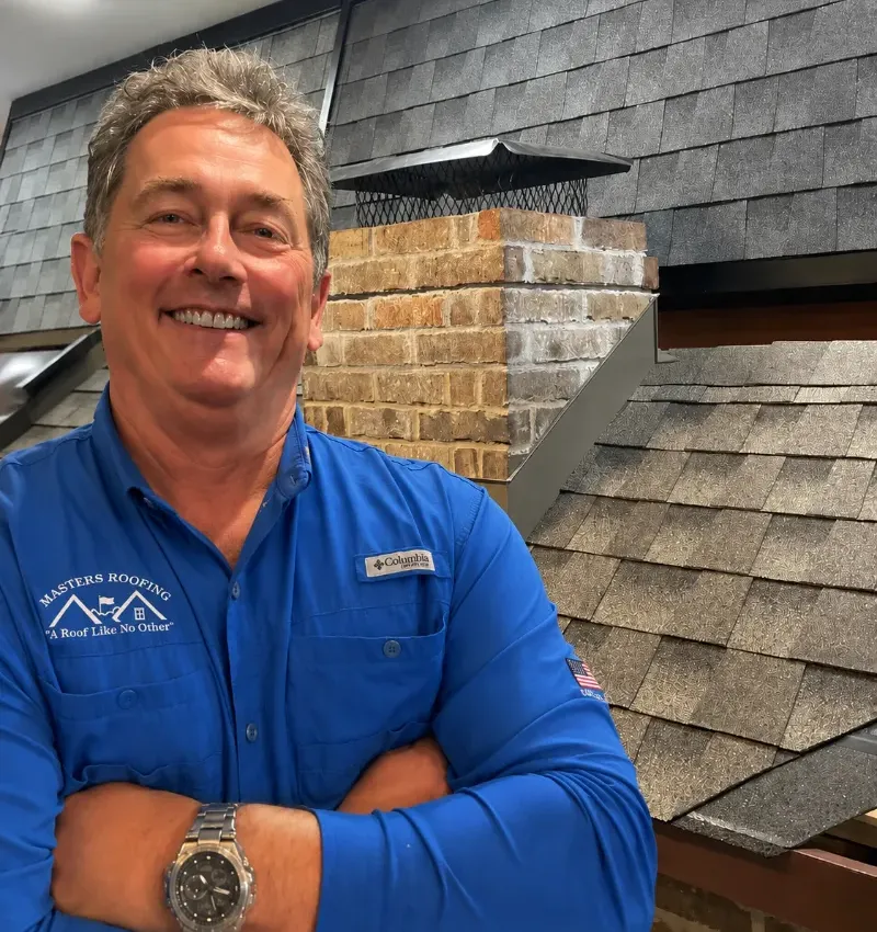 Dillon Scruggs in the Masters Roofing showroom.